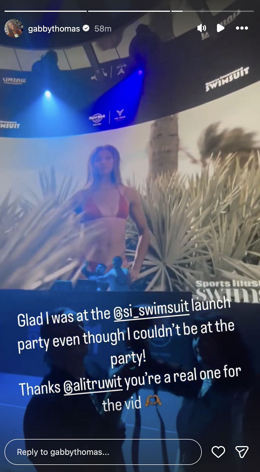 Gabby Thomas reacts to her video being played at SI Swimsuit Launch Party | Instagram@gabbythomas